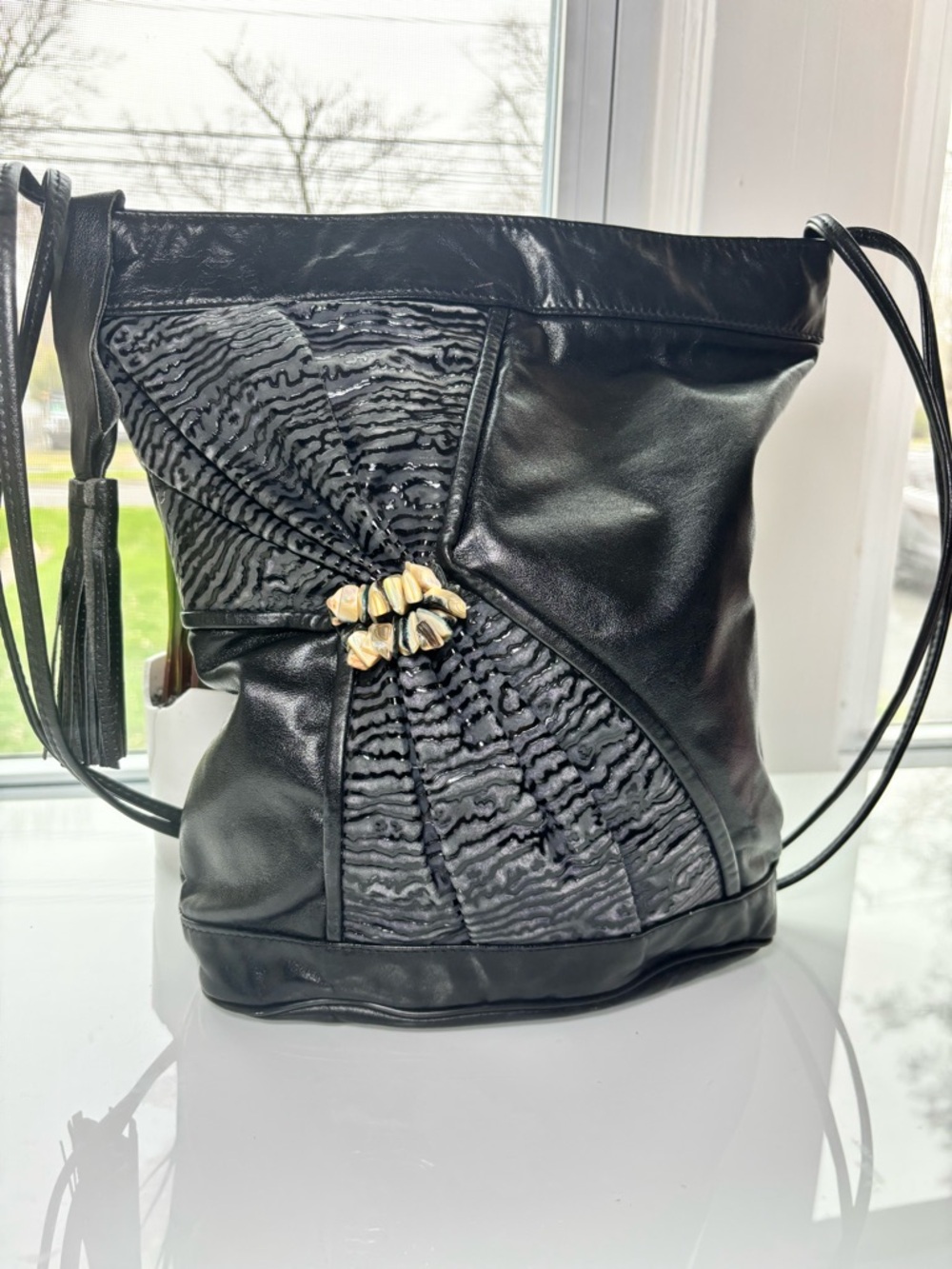 Vintage Black Women's Shoulder Bag with Textured Panels and Gold Accent